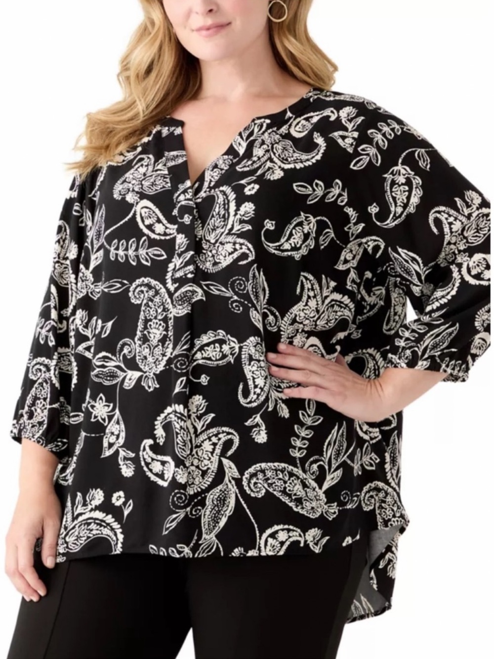 Philosophy Black White Paisley Print 3/4 sleeve Top XXL
